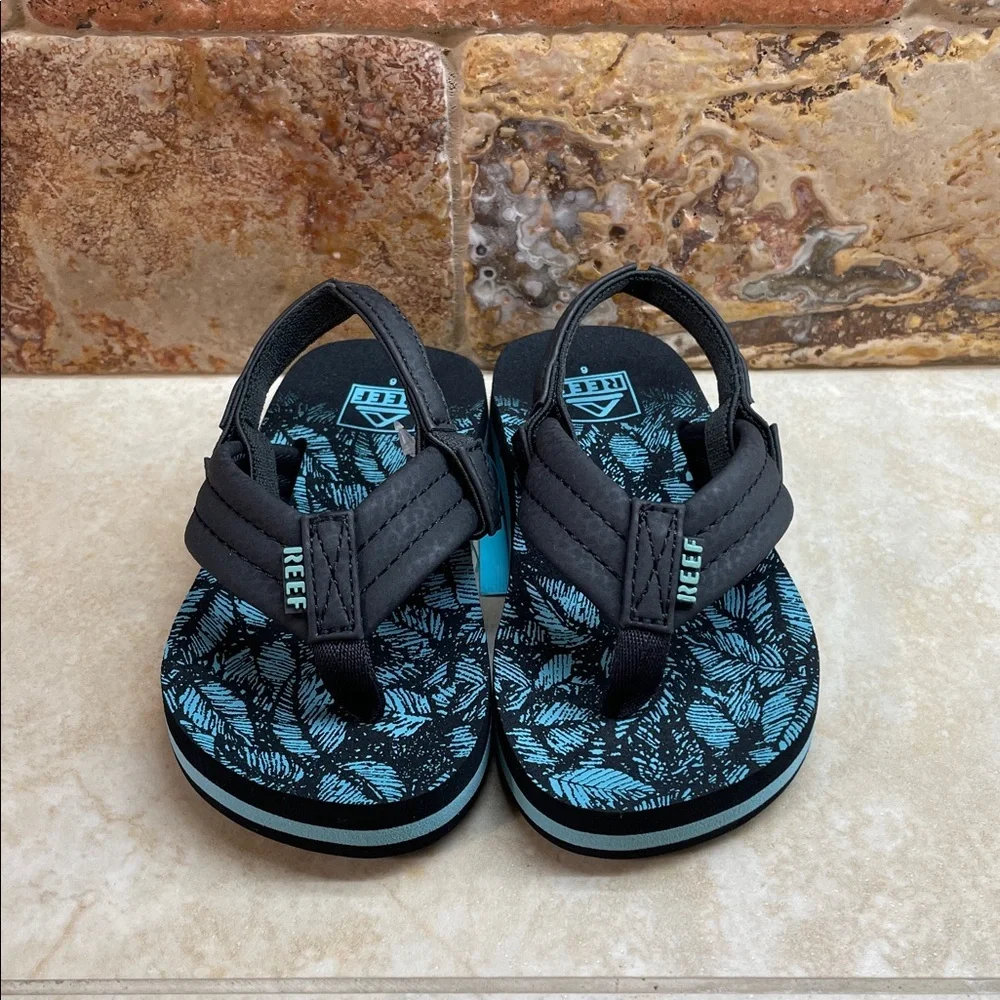 Reef Sandals Little Ahi Kids US 6 Flip Flops Aquifer Palm Black Blue NWT Shoes